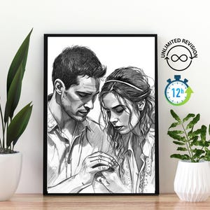 Custom Couple Pencil Portrait from Photo - Handmade Wedding Anniversary Gift - Personalized Couple Sketch - Digital Pencil Art