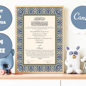 Certificado Nikkah de lujo, contrato de boda islámico premium A4, Nikkah Nama, certificado de matrimonio musulmán, nombres personalizados, versículo del Corán