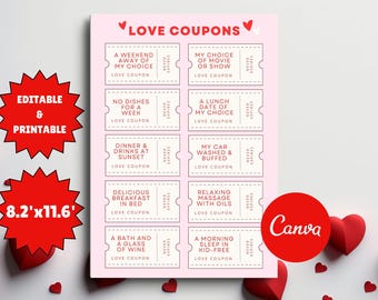 Customizable Love Coupon Book | Printable Coupon Book, Valentine's Day Gift, Last Minute Gift Idea, Anniversary Gift, Gift for Him, DIY Gift