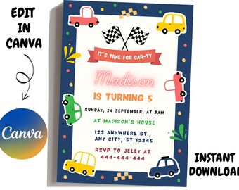 Autos-Geburtstags-Einladung | Lightning McQueen Einladung, Kindergeburtstag-Einladung | Bearbeitbare personalisierte Canva druckbare digitale Einladung