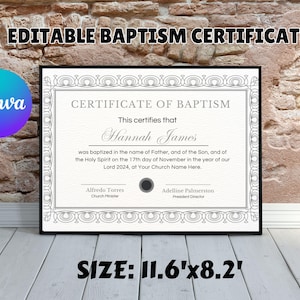 Plantilla de certificado de bautismo editable / Certificado de bautismo imprimible / Certificado de dedicación / Plantilla Canva / Tamaños Carta de EE. UU. y A4