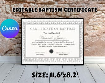 Editable Baptism Certificate Template | Printable Baptism Certificate | Dedication Certificate | Canva Template | US Letter & A4 sizes