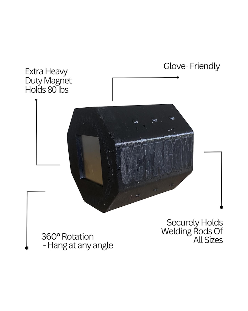 May include: Black octagonal welding rod holder with the text "OCTAGON". It features a heavy-duty magnet that holds up to 80 lbs. The holder rotates 360 degrees and is glove-friendly. It securely holds welding rods of all sizes.