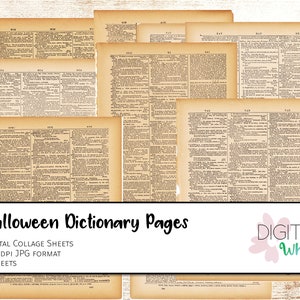 Puede incluir: Nueve páginas de diccionario vintage con papel envejecido y texto en tinta negra. Las páginas están tituladas con palabras como "Wit", "Ray", "Val" y "Ape". El texto dice "Halloween Dictionary Pages, Digital Collage Sheets, 300 DPI JPG Format, 9 Sheets".