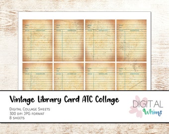 Vintage Library Check Out Cards Digital ATC Collage Sheets Printable Clip Art coll0033