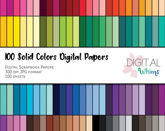 100 Solid Colors Digital Paper pack, 100 printable digital scrapbook papers, instant download