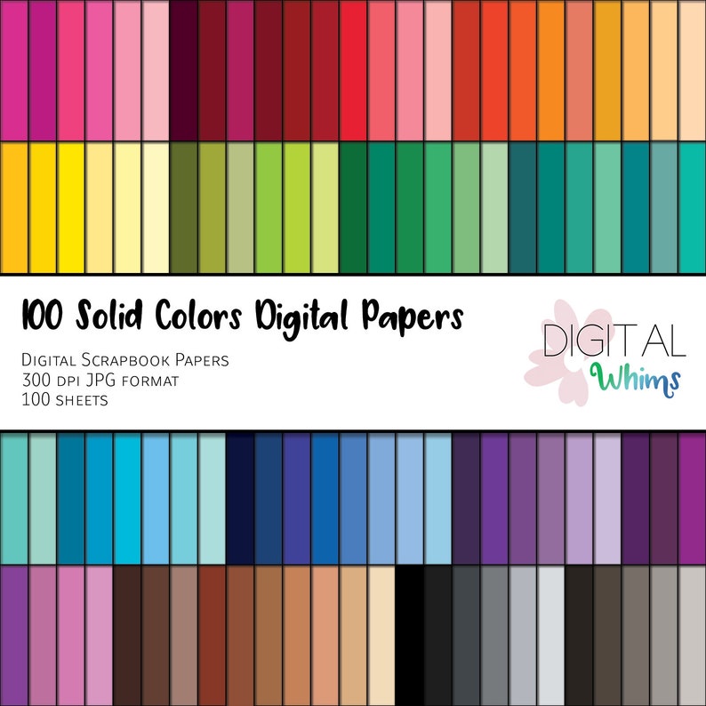 100 Solid Colors Digital Paper pack, 100 printable digital scrapbook papers, instant download image 1