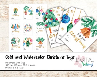 9 Gold and Watercolor Christmas Gift Tags - Digital Collage Sheet - Letter Size 8.5" x 11"