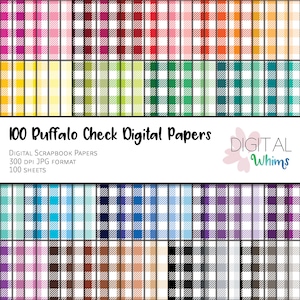 May include: 100 digital papers featuring buffalo check patterns in various colors. The papers are 300 DPI JPG format and are perfect for scrapbooking.