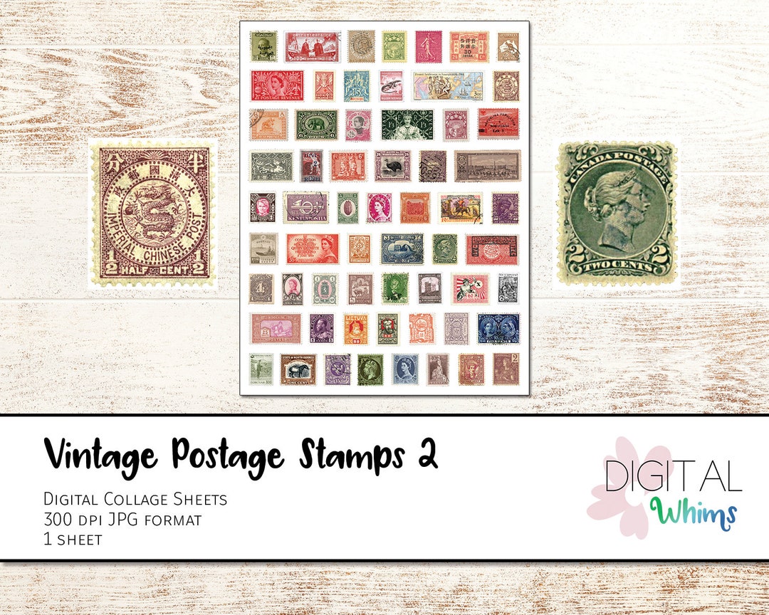 61 Vintage International Postage Stamps - Digital Collage Sheet ...