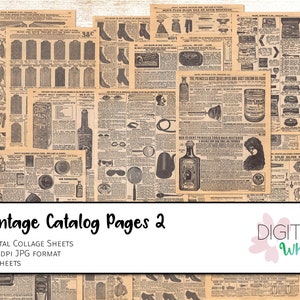 Könnte beinhalten: Neunzehn Vintage-Collageblätter mit Schwarzweiß-Zeitungsartikeln mit Text und Bildern. Der Text enthält Produktbeschreibungen und Anzeigen. Die Bilder zeigen Illustrationen von Schuhen, Flaschen und anderen Produkten. Die Blätter sind im digitalen Format und haben eine Auflösung von 300 DPI.
