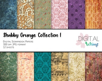 BUY2GET1 Shabby Grunge Collection 1 Digital Paper pack, 12 printable digital scrapbook papers, instant download dwp0016