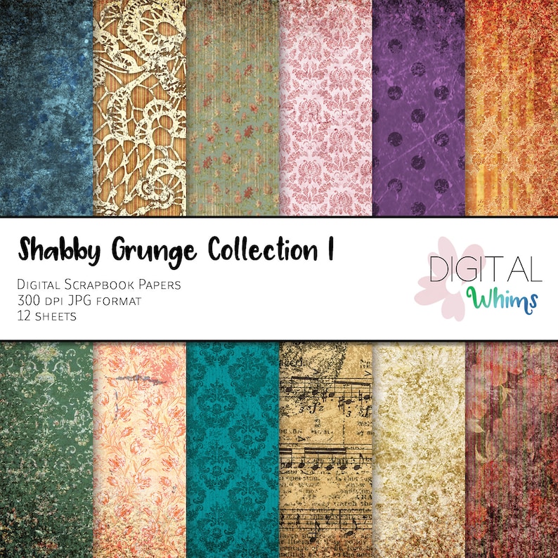 12 printable digital scrapbook papers instant download dwp0016 BUY2GET1 Shabby Grunge Collection 1 Digital Paper pack