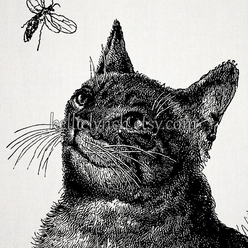 Vintage Cat Illustration Tabby With Bug Instant Download Image for Embellishment, Transfer, Print Commercial Use 0004 image 3