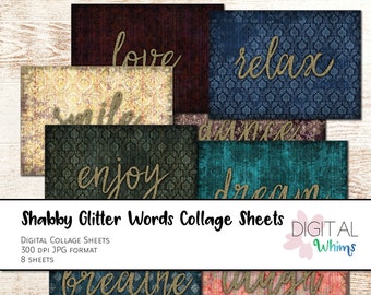 Shabby Chic Glitter Words Digital ATC Collage Sheets Printable Clip Art coll0028