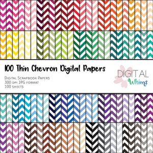 Puede incluir: 100 papeles digitales con patrones de chevron finos en una variedad de colores. Los papeles son en formato JPG de 300 DPI y son perfectos para scrapbooking.