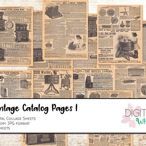 Könnte beinhalten: Eine Sammlung von Vintage-Katalogseiten mit verschiedenen Produkten, darunter eine Kamera, eine Waschmaschine, eine Schreibmaschine und ein Herd. Die Seiten sind in Schwarzweiß gedruckt und haben einen abgenutzten Look. Der Text auf den Seiten enthält die Wörter "The Serogo View Camera", "Superba Washer", "The Reflex Camera" und "The Highest Grade Steel Range Made".