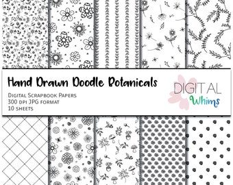 Hand Drawn Doodle Botanicals Digital Paper pack, 14 printable digital scrapbook papers, instant download