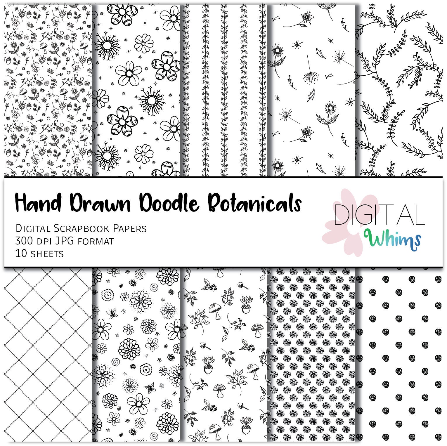 Hand Drawn Doodle Botanicals Digital Paper pack, 14 printable digital scrapbook papers, instant download