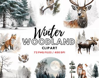 Imágenes prediseñadas de bosque de invierno, acuarela, animales en el bosque, cabaña, animales del bosque, invierno, descarga instantánea PNG, uso comercial