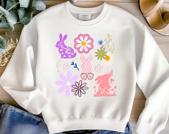 Boho Easter PNG, Grand Millennial Easter PNG, Conejo de Pascua con flores PNG, Coqueta de Pascua PNG, Girly png, Conejito chinoiserie floral de primavera PNG