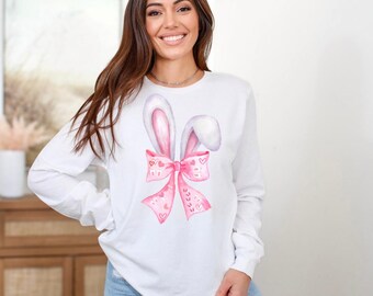 Conejito de Pascua con purpurina PNG - Orejas de conejo con lazo rosa, Sublimación de Pascua femenina, Lindo conejo Clipart, Descarga digital, PNG transparente