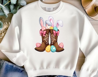 Hola Pascua PNG - Botas de vaquero con coqueta de Pascua, archivo digital de huevos de conejo del oeste, PNG de feliz Pascua, diseño de camiseta de Pascua retro, botas de conejo