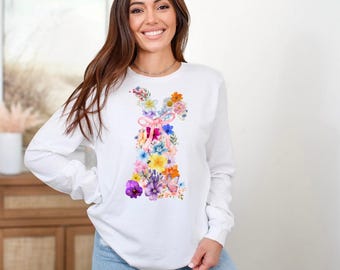 Conejito de Pascua PNG - Conejito floral de acuarela, lindo clipart de Pascua, conejito femenino de primavera, descarga digital, diseño de sublimación, Pascua