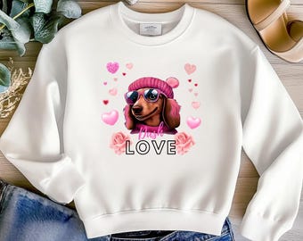 Perro salchicha de San Valentín PNG - Clipart de perro salchicha de San Valentín, lindo perro salchicha con gafas de sol, diseño de cachorro de amor rosa para manualidades, perro salchicha