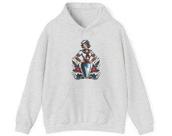 Pin-Up Sailor Girl Hoodie, Nautical Pullover, Vintage Style Sweatshirt, Retro Navy Jacket, Sailor Costume Top
