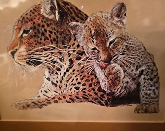 Vintage Hans Paul Luetcke Mother Leopard & Cub Framed Print 1970s Wildlife Art