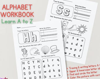Cuaderno de trabajo imprimible del alfabeto de la A a la Z / Reconocimiento de letras / Plan de estudios de preescolar y jardín de infantes / Trazado de letras / Sonidos iniciales