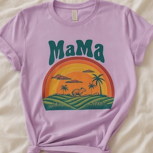 Capybara Mama Unisex T-Shirt. Cute Retro Capybara Shirt, Aesthetic Animal Tee, Vintage Sunset Graphic Shirt, Funny Gift for Moms