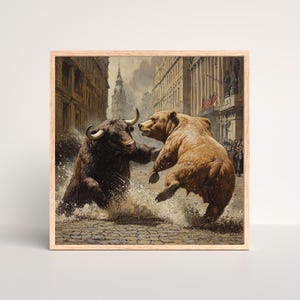 May include: A framed print showing a bull and a bear in a street scene. The bull, with dark fur and large horns, faces off against a brown bear. The background features buildings and a crowd, with a cloudy sky above.