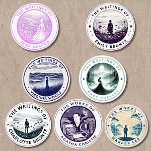 Stickerpakket literaire legendes - 7 schrijverstickers - Austen, Brontës, Woolf, Shelley, Christie & Lee - cadeau boekenliefhebber - Stick It Vibes