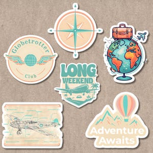 Koffer Aufkleber - 6 Reise-Vinyl-Aufkleber - Globus, Kompass, Flugzeug, Heißluftballon, langes Wochenende & mehr - Stick It Vibes