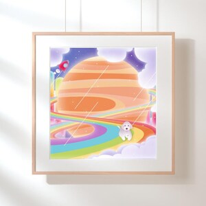 Stampe artistiche murali con cani nel mondo arcobaleno, poster con cani, arte spaziale, dipinti colorati, decorazioni pastello, fantascienza, stampe artistiche digitali