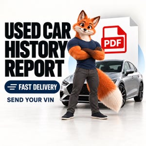 May include: An anthropomorphic fox character stands with arms crossed in front of a silver car. Text reads: USED CAR HISTORY REPORT, FAST DELIVERY, SEND YOUR VIN, and a red PDF icon. The fox has orange fur, a white-tipped tail, and wears a blue shirt.