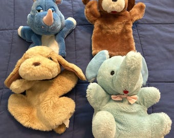 Lot of 4 Vintage Puppets Plush Elephant Dogs Dinosaur