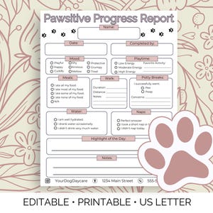 Plantilla editable de informe de calificaciones de perros, informe de alojamiento de perros, informe de cuidado de mascotas, informe de guardería de perros, informe de progreso de perros