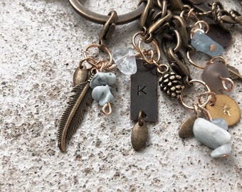 Stitchmarkers / progresskeepers. Handstamped, customized, personal jewelry. Blue Boho. Gemstones. Necklace or keychain/bagjewe