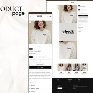 May include: White crew neck sweatshirt with the text "check your heart." in black lettering. The sweatshirt is shown on a model and on a product page with size and color options.
