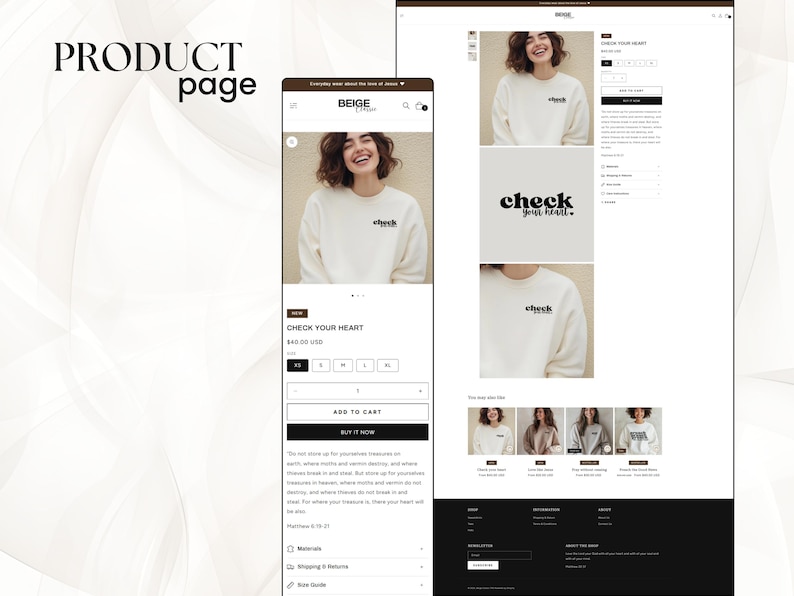 May include: White crew neck sweatshirt with the text "check your heart." in black lettering. The sweatshirt is shown on a model and on a product page with size and color options.