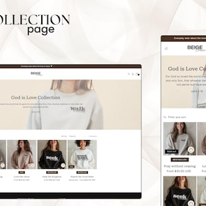 May include: A website page for a clothing brand called Beige Clothing. The page features a collection of sweatshirts with Christian-themed messages, such as "Seek His Kingdom", "Pray Without Ceasing", and "Love Like Jesus".