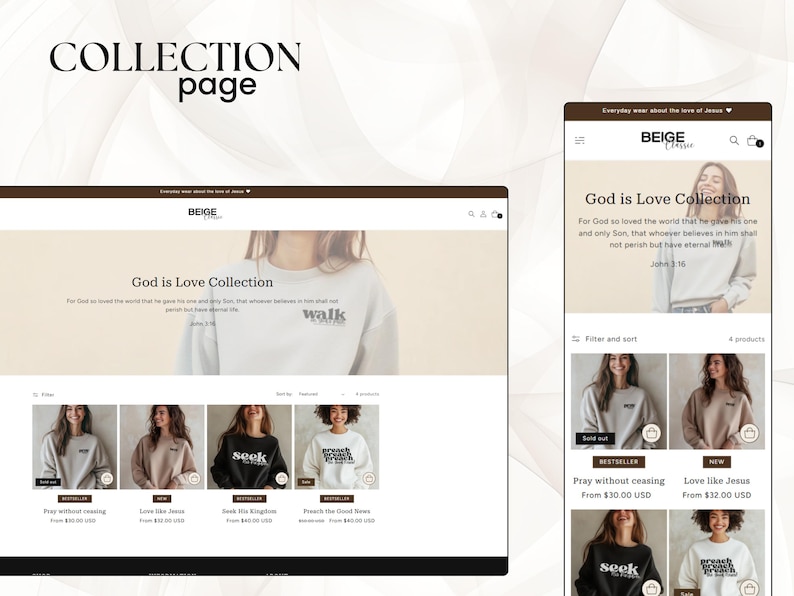 May include: A website page for a clothing brand called Beige Clothing. The page features a collection of sweatshirts with Christian-themed messages, such as "Seek His Kingdom", "Pray Without Ceasing", and "Love Like Jesus".
