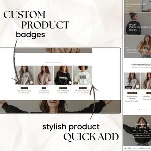 May include: A website screenshot showing a collection of custom product badges. The badges feature various designs and text, including "Pray without ceasing", "Love like Jesus", "Seek His Kingdom", and "Reach the Good News". The website also features a section for featured products and a sale announcement.