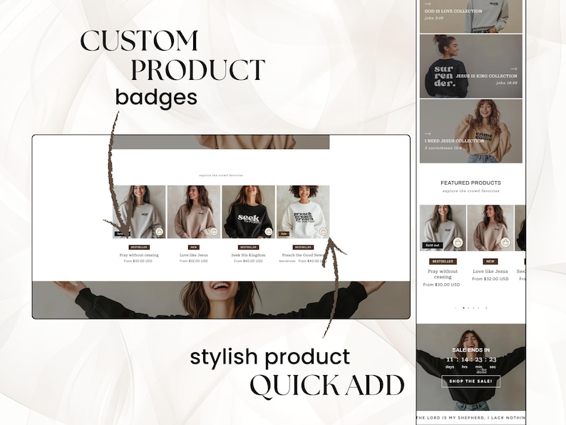 May include: A website screenshot showing a collection of custom product badges. The badges feature various designs and text, including "Pray without ceasing", "Love like Jesus", "Seek His Kingdom", and "Reach the Good News". The website also features a section for featured products and a sale announcement.
