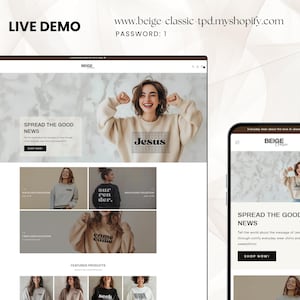 May include: A website screenshot showing a beige and white color scheme with a variety of sweatshirts featuring religious messages. The text "SPREAD THE GOOD NEWS" is displayed on the website. The website is called "BEIGE".
