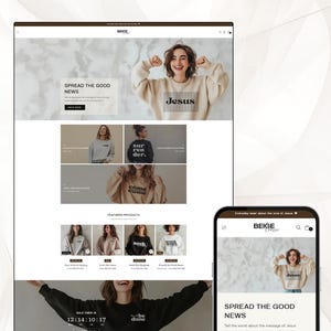 May include: A website homepage for a clothing store featuring sweatshirts with religious messages. The website features a sale countdown timer and a section highlighting featured products. The text on the website includes "Spread the Good News", "God is Love Collection", and "Seek His Kingdom".
