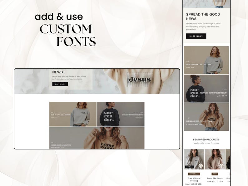 May include: A website screenshot showing a collection of sweatshirts with different designs and text, including "Jesus", "surrender", and "come come". The website also features a section for news and featured products.